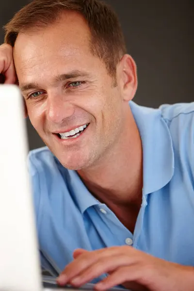 Man Smile Laptop Home Work Networking Remote Job Creative Career — Fotografia de Stock