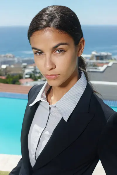 Businesswoman Portrait Outdoor Suit Corporate Real Estate Agency Female Realtor — Stock Photo, Image