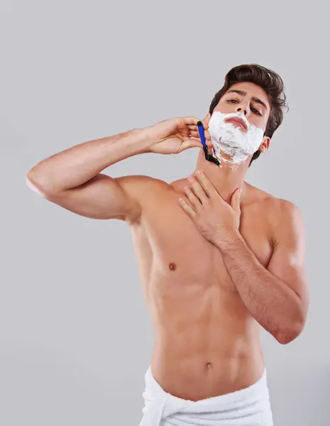 Man Shave Cream Razor Blade Grooming Hygiene Facial Treatment Gray — Stock Photo, Image