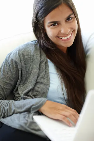 Laptop Relax Portrait Woman Smile Remote Working Career Transcriber House — Stock Photo, Image