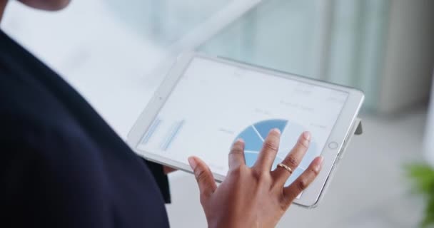 Mãos Tela Tablet Gráficos Estatísticas Para Metas Financeiras Empresa Corporativa — Vídeo de Stock