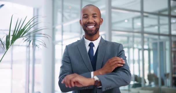 人物形象 职业和黑人 办公室里有笑容 公司里有员工和员工 工作场所 簿记员和因投资于商业和职业而快乐的非洲男性 — 图库视频影像