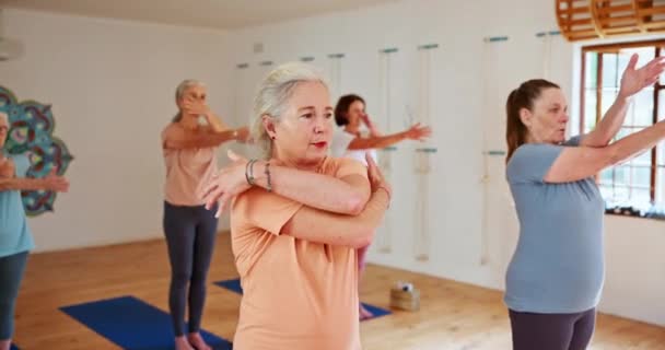 老年妇女 课堂和辅导与瑜伽禅修 精神健康或平衡一起在家 以枕头 训练或锻炼为目的的老年人或瑜伽组 在垫子上锻炼 健身或健康 — 图库视频影像
