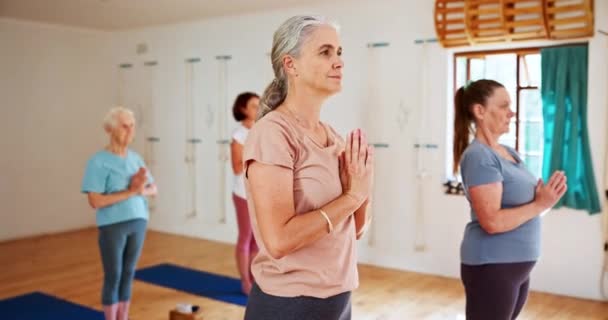 Mujer Mayor Yoga Meditación Con Paz Para Bienestar Espiritual Equilibrio — Vídeo de stock