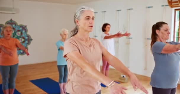 Seniorin Yoga Und Stretching Mit Kurs Für Spirituelles Wohlbefinden Oder — Stockvideo