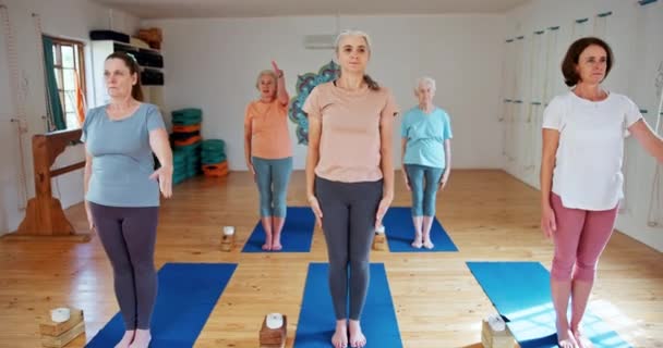 Starsza Kobieta Joga Rozciąganie Grupą Pilates Dla Zen Duchowe Wellness — Wideo stockowe
