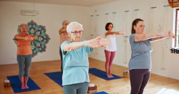 Senior Woman Group Yoga Coach Spiritual Wellness Balance Together Room — Stock Video
