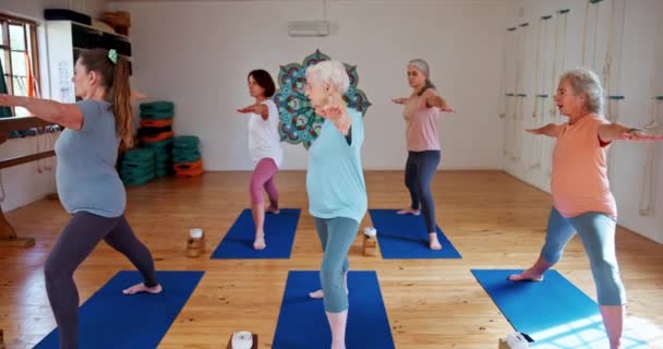 Mujer Mayor Yoga Pilates Con Clase Para Zen Bienestar Espiritual — Vídeo de stock
