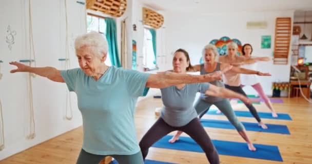 Seniorin Trainerin Und Klasse Mit Yoga Für Spirituelles Wohlbefinden Gleichgewicht — Stockvideo