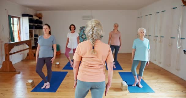 Femme Âgée Instructrice Étirement Avec Cours Yoga Pour Zen Bien — Video