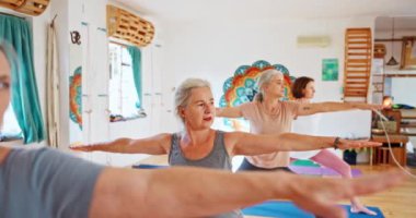 Yaşlı bir kadın, birlikte yoga ya da ruhsal sağlık için tabaklar ve esneme hareketleri. Son sınıflar, yoga ve rahatlama, spor yapma ya da savaşçı pozu verin. Farkındalık, zen ya da kapalı alanda egzersiz için..