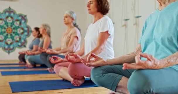 Seniorin Hände Und Meditation Mit Yoga Kurs Spiritueller Wellness Atmung — Stockvideo