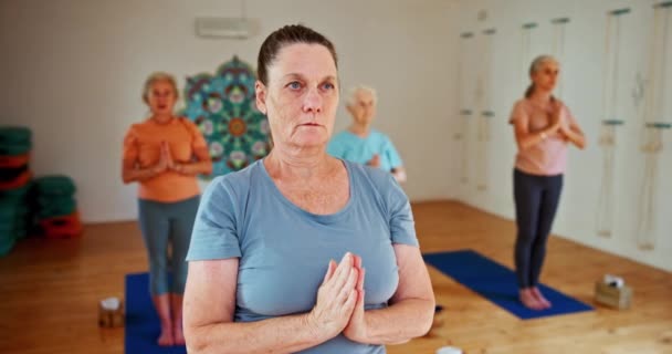 Seniorka Meditace Lekce Jógy Modlitebními Rukami Pro Duchovní Wellness Rovnováhu — Stock video