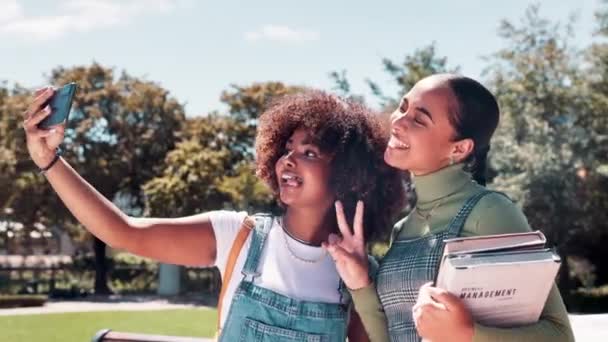 Mulher Feliz Estudantes Selfie Com Livros Natureza Para Memória Fotografia — Vídeo de Stock