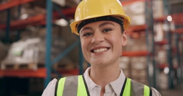 Logistics Factory Portrait Woman Confidence Inventory Management Inspection Distribution Smile — Stock Video
