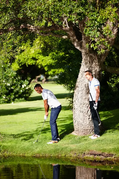 Yaz Spor Arkadaşlar Golf Oynamaya Gidiyor Doğadaki Kulüpte Birlikte Antrenman — Stok fotoğraf