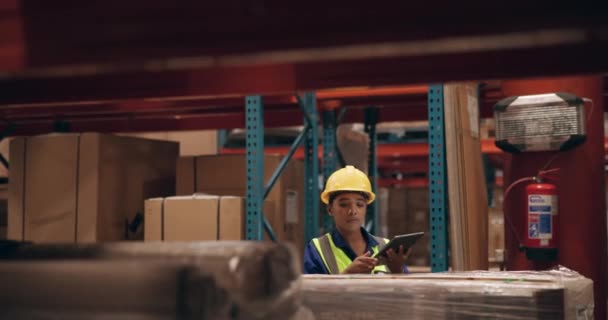 Inspectie Magazijn Vrouw Met Tablet Voor Inventaris Online Planning Logistiek — Stockvideo