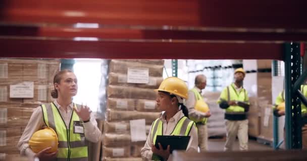 Vrouw Team Discussie Met Ingenieur Voor Opslag Inspectie Inventaris Planken — Stockvideo