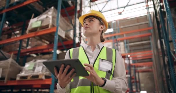 仓库和妇女与平板思维的库存 在线规划和检查 用于质量控制 核对表和销售管理的数字应用程序 报告和工厂人员 — 图库视频影像