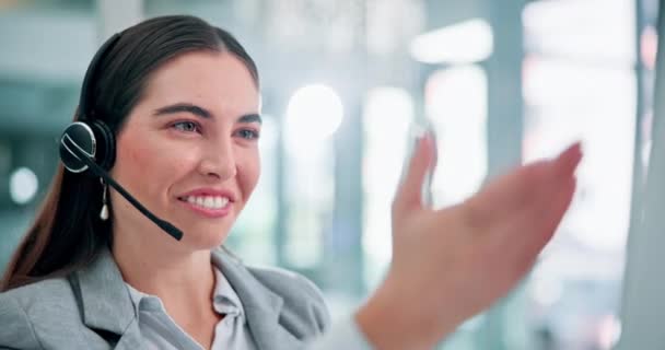 Vrouw Headset Telefoongesprek Als Telemarketing Crm Computer Software Contact Nemen — Stockvideo