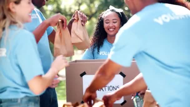 Ondersteuning Vrienden Vrijwilliger Met Voedsel Donatie Gemeenschapsdienst Hulp Met Non — Stockvideo