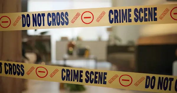 Crime Scene Tape Evidence House Case Inspection Investigation Living Room — Stock Photo, Image