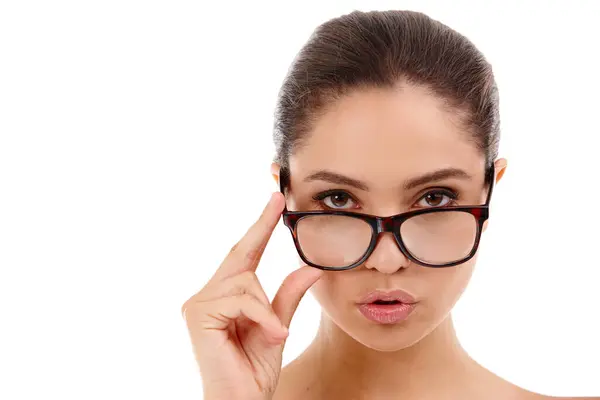 Woman Portrait Glasses Studio Optometry Lens Confidence Frame Eyewear Serious — Stock Photo, Image