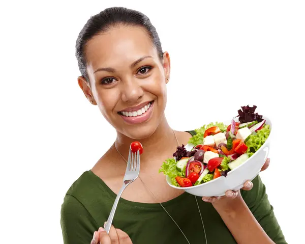 Mujer Retrato Ensalada Para Comida Estudio Beneficios Verduras Para Nutrición —  Fotos de Stock
