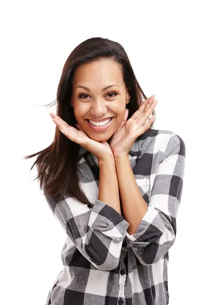 Vrouw Portret Glimlach Voor Kleding Geïsoleerd Trendy Met Achtergrond Model — Stockfoto