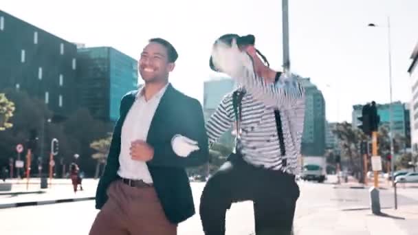 Excited Happy Businessman Mime Outdoor City Business Park Skipping Friendship — Stock Video