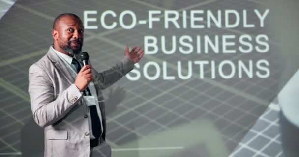 Man Lecture Speech Speaking Presentation Eco Friendly Business Solutions Sustainable — Stock Video