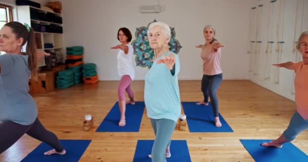 Mujer Mayor Yoga Clase Con Equipo Para Zen Bienestar Espiritual — Vídeos de Stock