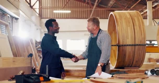Business Men Carpenter Plan Handshake Design Blueprint Well Done Timber — Stock Video