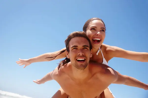 Couple Piggyback Freedom Beach Happiness Bonding Summer Vacation Travel Adventure Stock Image