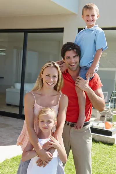 Portrait Happy Family Property Real Estate Purchase Care Support Safety — Stock Photo, Image
