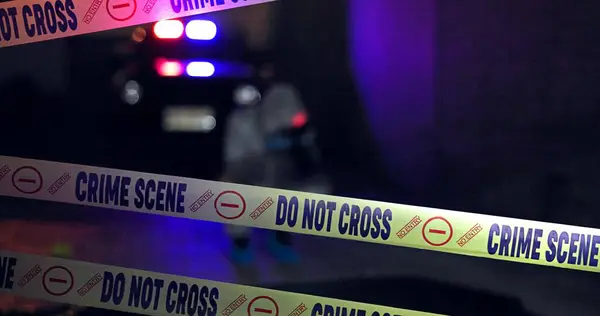 Police tape, crime scene or csi photographer with evidence of murder victim at night with first responder. Forensic quarantine, expert in hazmat and cops for observation, examination or case research.