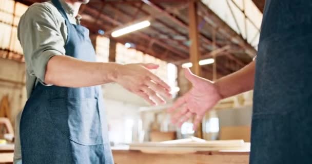 Kézfogás Partnerség Bizalom Asztalossal Műhelyben Csapat Megállapodás Kereskedelmi Megállapodás Ipar — Stock videók