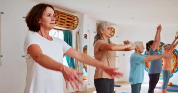 Mujer Mayor Estiramiento Pilates Con Clase Yoga Para Zen Bienestar — Vídeo de stock