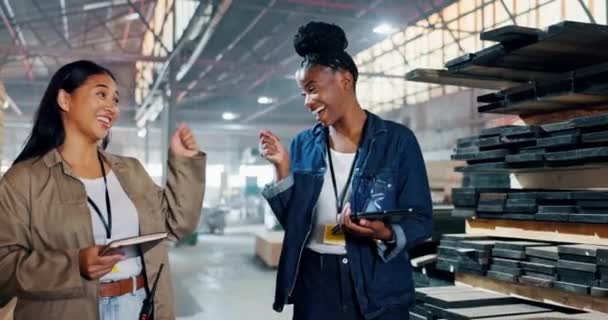 Warehouse Colleagues Women Talking Smile Teamwork Construction Site Collaboration Fist — Stock Video