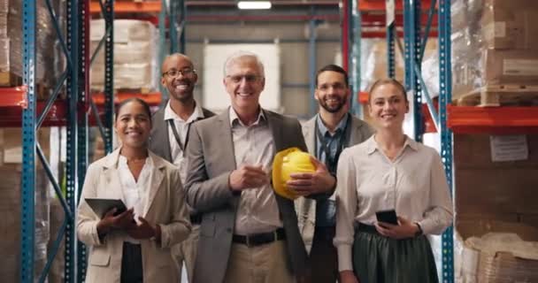 Geschäftsleute Gesicht Und Lager Teamwork Für Die Logistik Versand Oder — Stockvideo