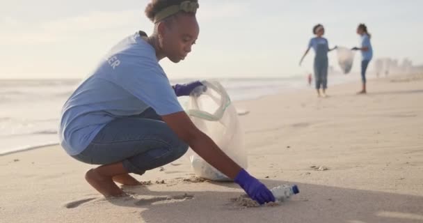 Volontariato Spiaggia Donna Con Plastica Bottiglia Borsa Natura Progetti Sostenibilità — Video Stock