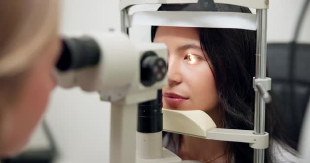 Ophthalmology Woman Laser Vision Test Eye Exam Consultation Happy Scanning — Stock Video