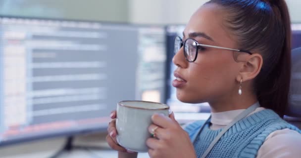 Programmer Coffee Overtime Software Coding Web Project Office Woman Cyber — Stock Video