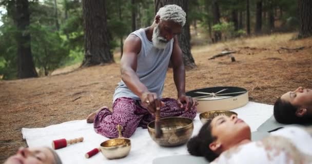 Geluid Meditatie Mensen Met Tibetaanse Zangkom Voor Wellness Spirituele Genezing — Stockvideo