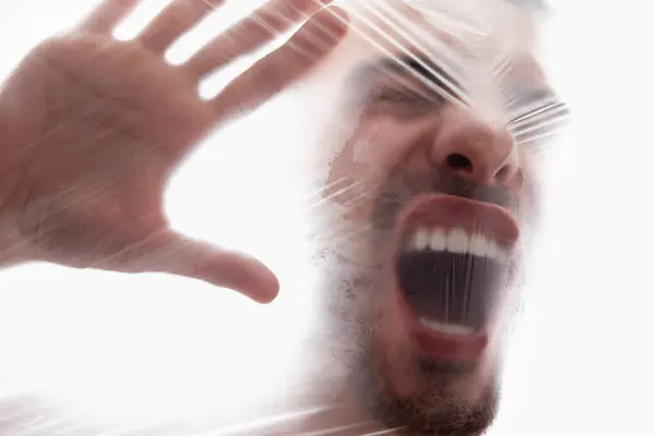 Man Plastic Bag Choking Anxiety Struggle Breath White Background Male — Stock Photo, Image