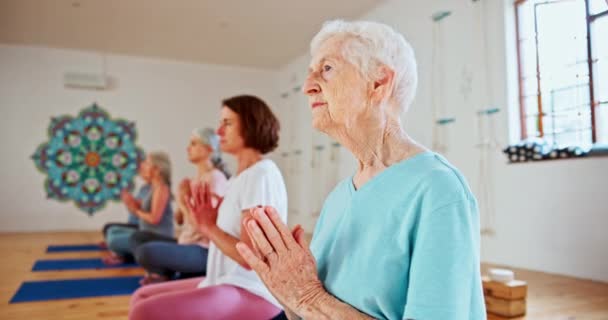 Medytacja Namaste Starszych Przyjaciół Siłowni Dla Zdrowia Wellness Lub Pilates — Wideo stockowe