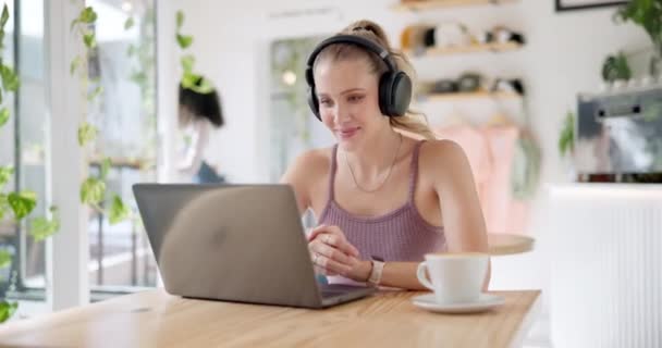 Headphones Laptop Woman Video Call Cafe Cup Coffee Online Webinar — Stock Video