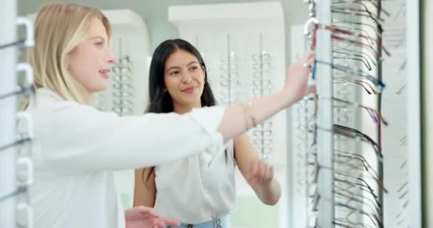 Optometrist Glasses Person Choice Frame Prescription Lens Spectacles Eyesight Healthcare — Stock Video