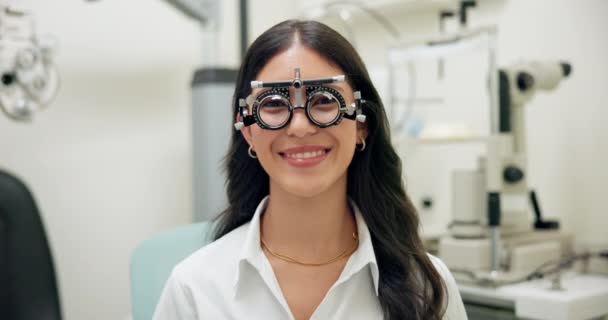 Trial Frame Woman Optometrist Vision Eye Exam Consultation Happy Test — Stock Video