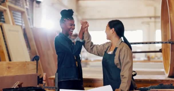Wood Women Team High Five Workshop Design Blueprint Laughing Small — Stock Video